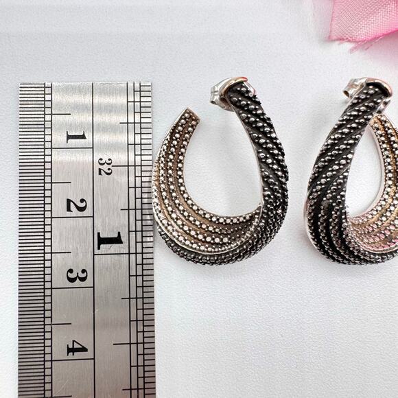 Tested Silver Twisted Hoop Earrings Faux Marcasite Milgrain Cobbled 9.23 Grams - Picture 15 of 16
